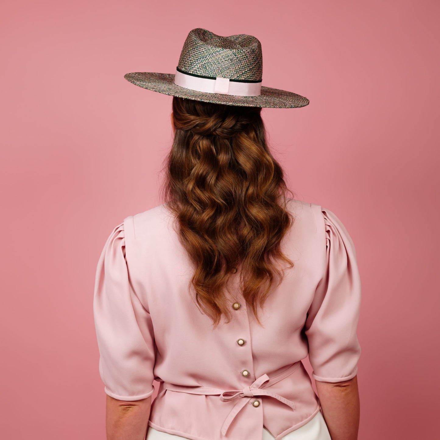Mirra Fedora Hat in pink and green straw with petersham band