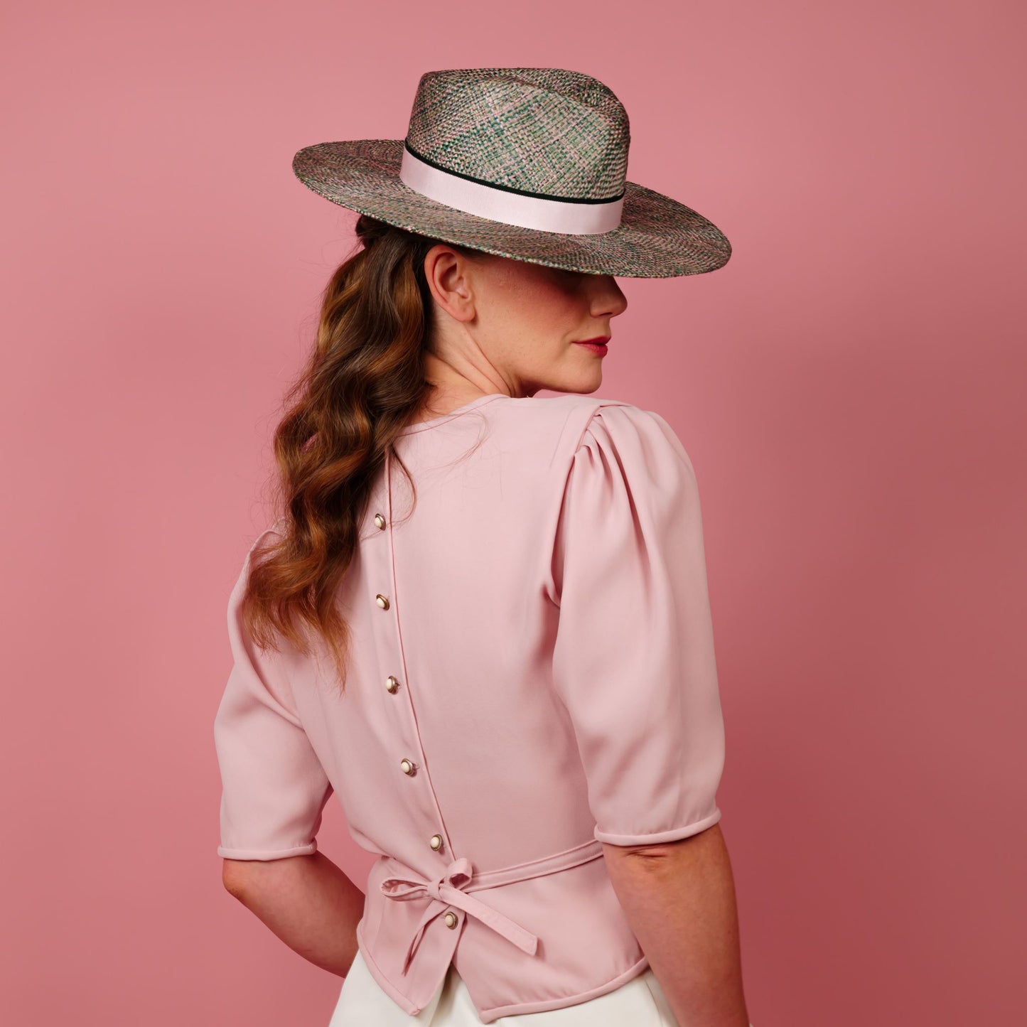 Mirra Fedora Hat in pink and green straw with petersham band