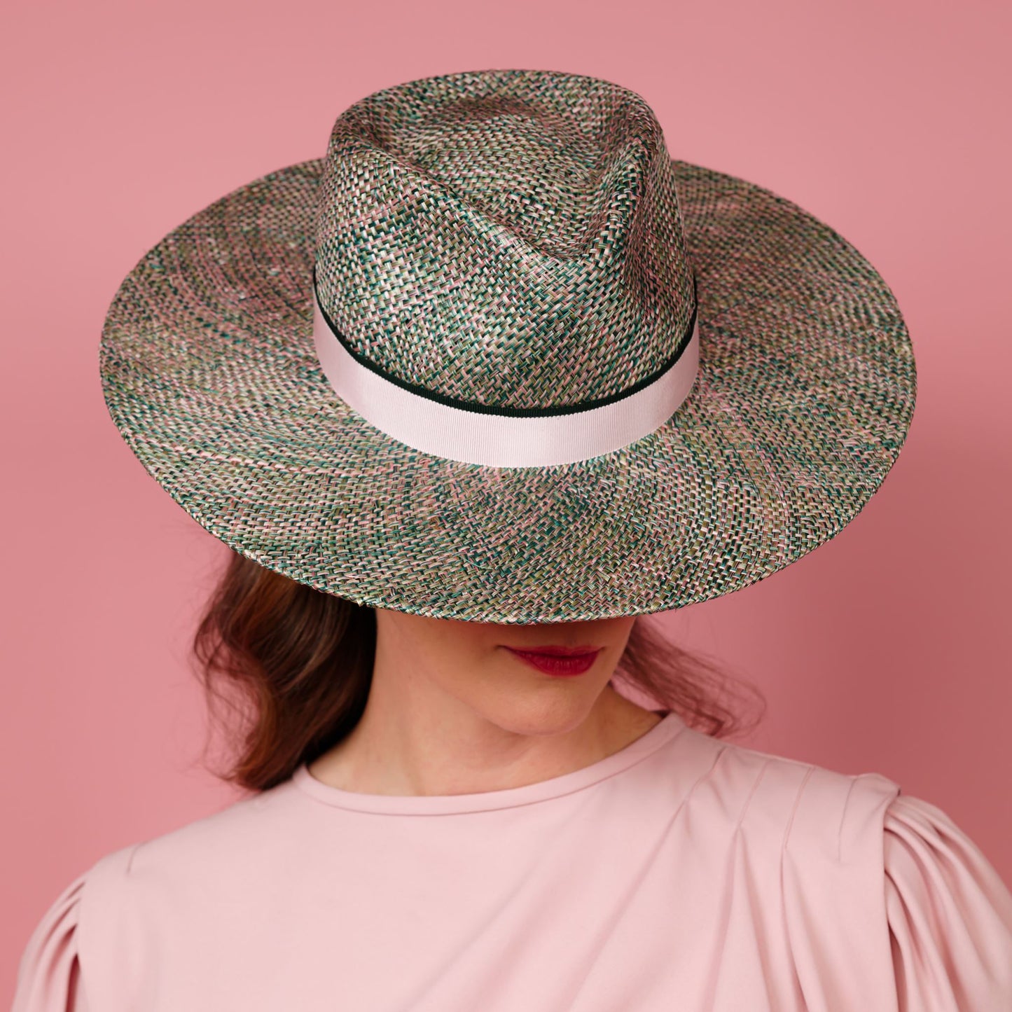 Mirra Fedora Hat in pink and green straw with petersham band