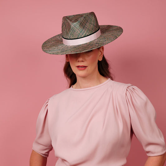 Mirra Fedora Hat in pink and green straw with petersham band