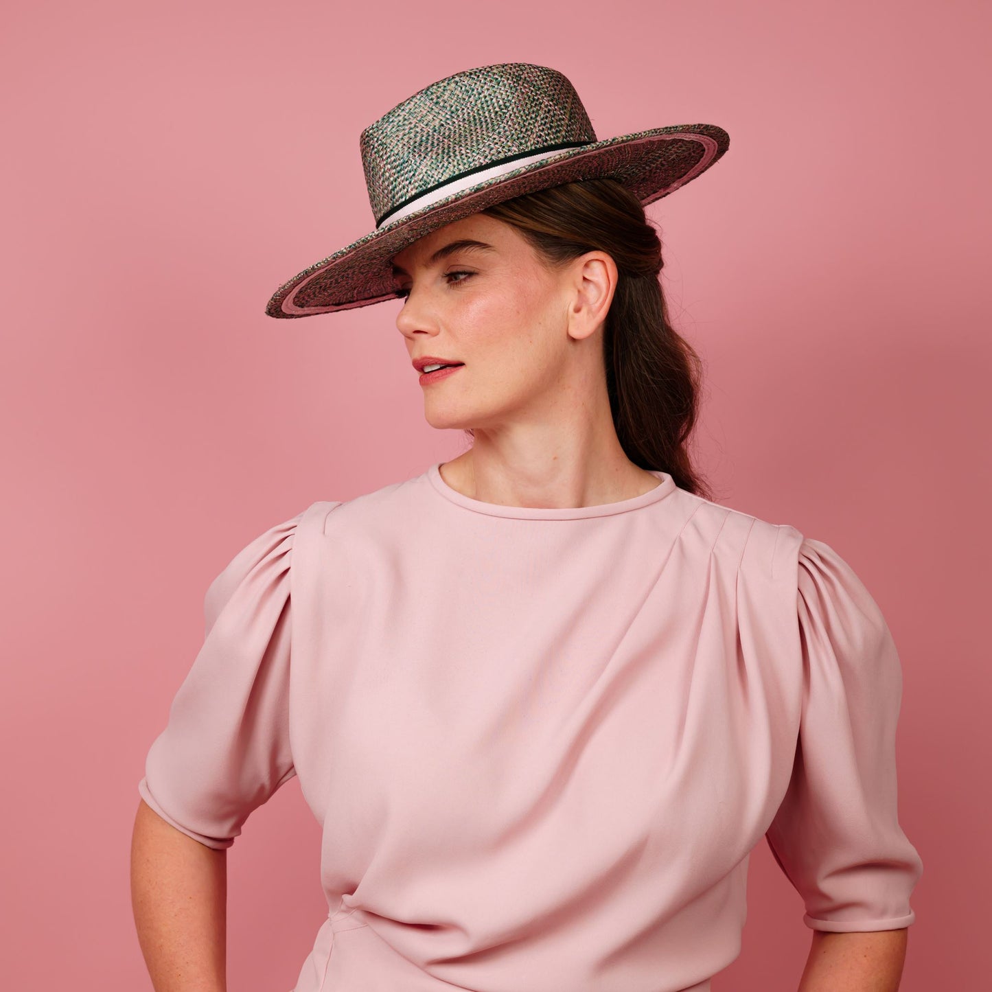 Mirra Fedora Hat in pink and green straw with petersham band