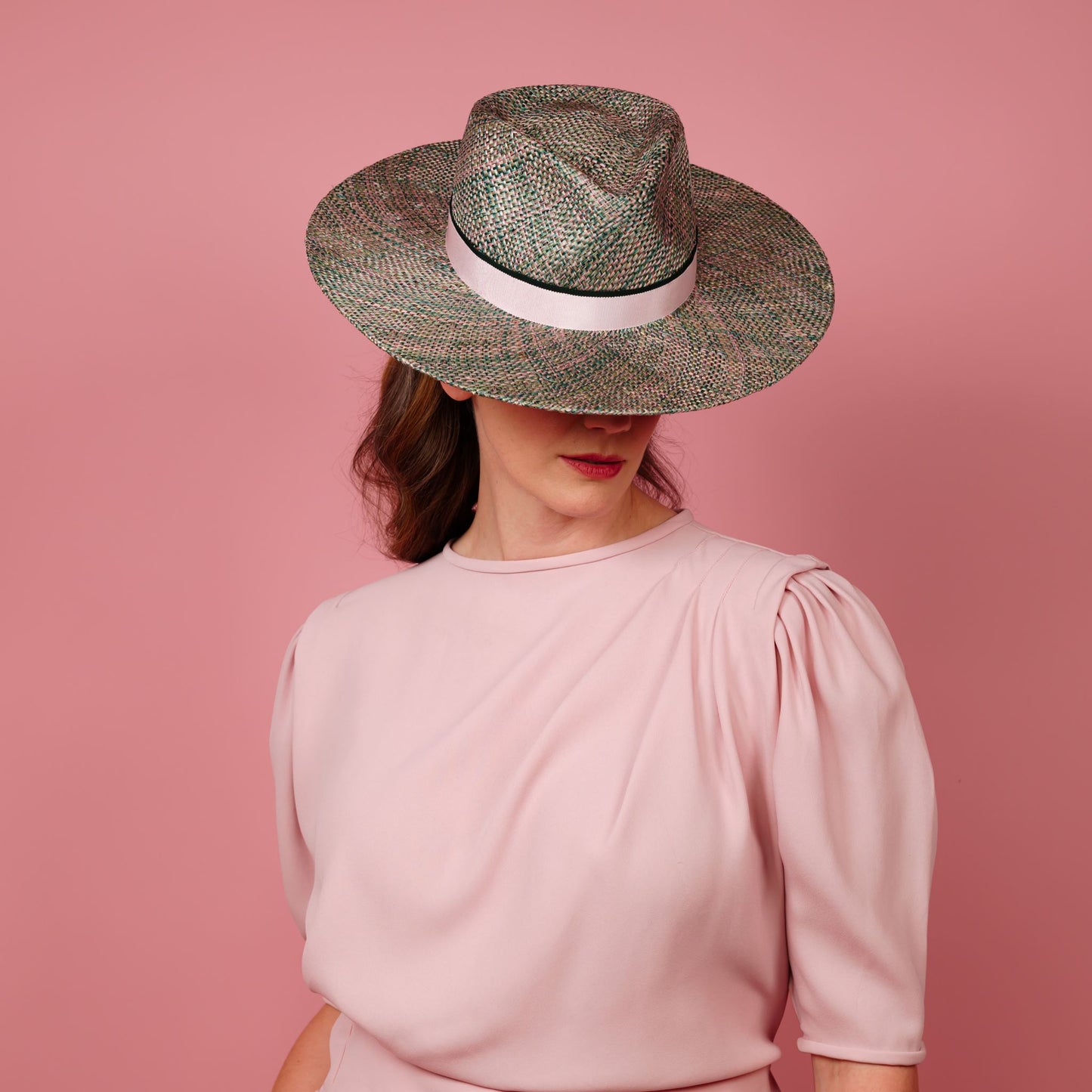 Mirra Fedora Hat in pink and green straw with petersham band