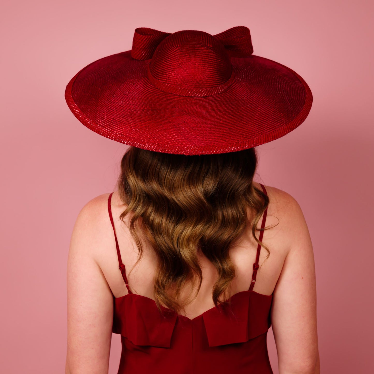 Moloney Downturned Dior Brim Hat with Round Crown with patent bow and edge in red