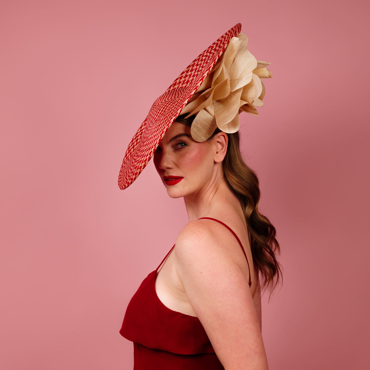 Monica large saucer in red and cream with cream silk poppy flower trim
