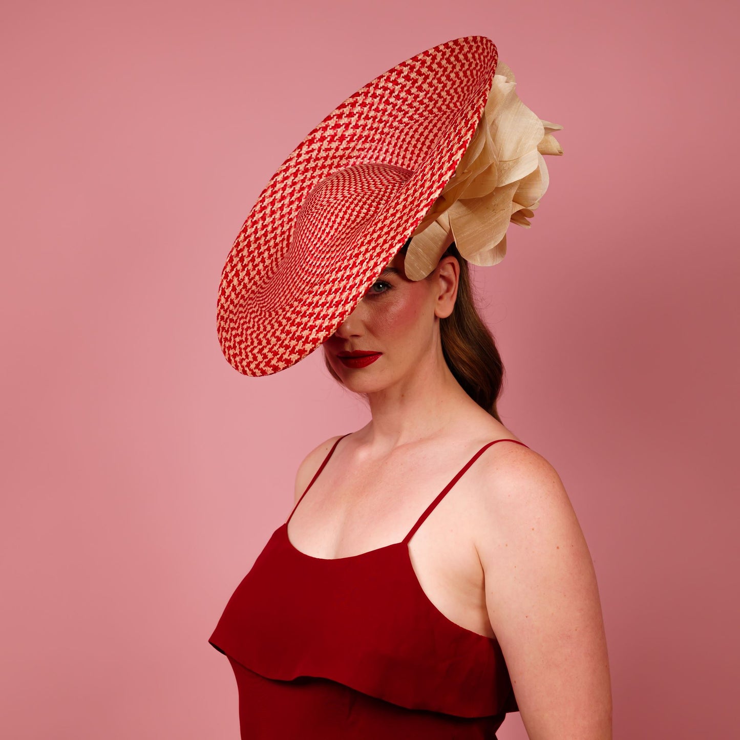 Monica large saucer in red and cream with cream silk poppy flower trim