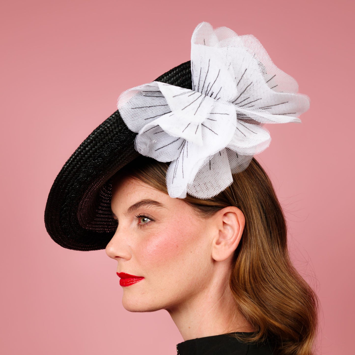 Monique Saucer in Textured Straw Poppy Flower Trim in Black and White