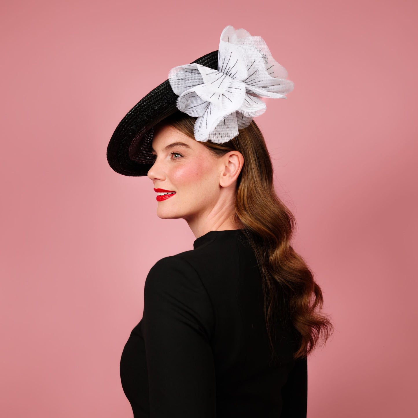 Monique Saucer in Textured Straw Poppy Flower Trim in Black and White