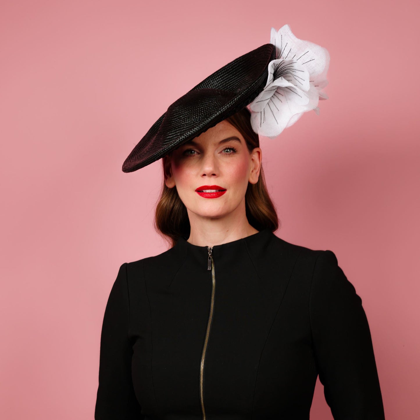 Monique Saucer in Textured Straw Poppy Flower Trim in Black and White