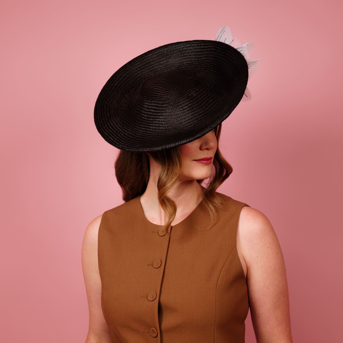 Monique Saucer in Textured Straw Poppy Flower Trim in Deep Chocolate and White