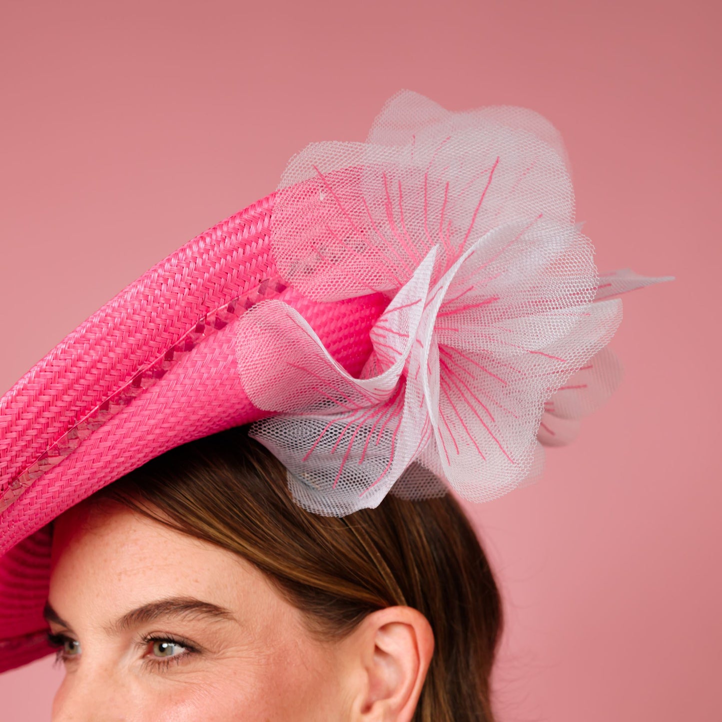 Monique Saucer in Textured Straw Poppy Flower Trim in Candy Pink and White
