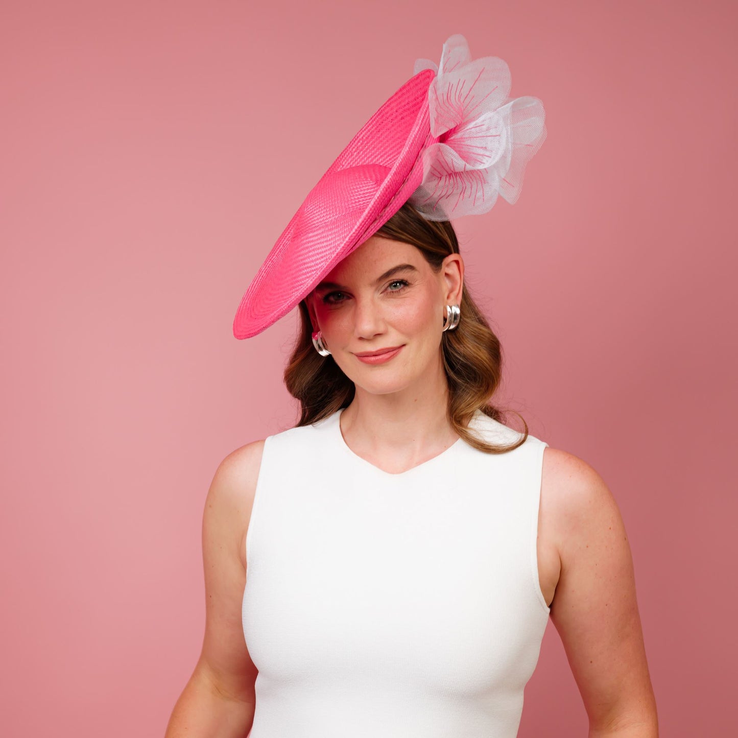 Monique Saucer in Textured Straw Poppy Flower Trim in Candy Pink and White