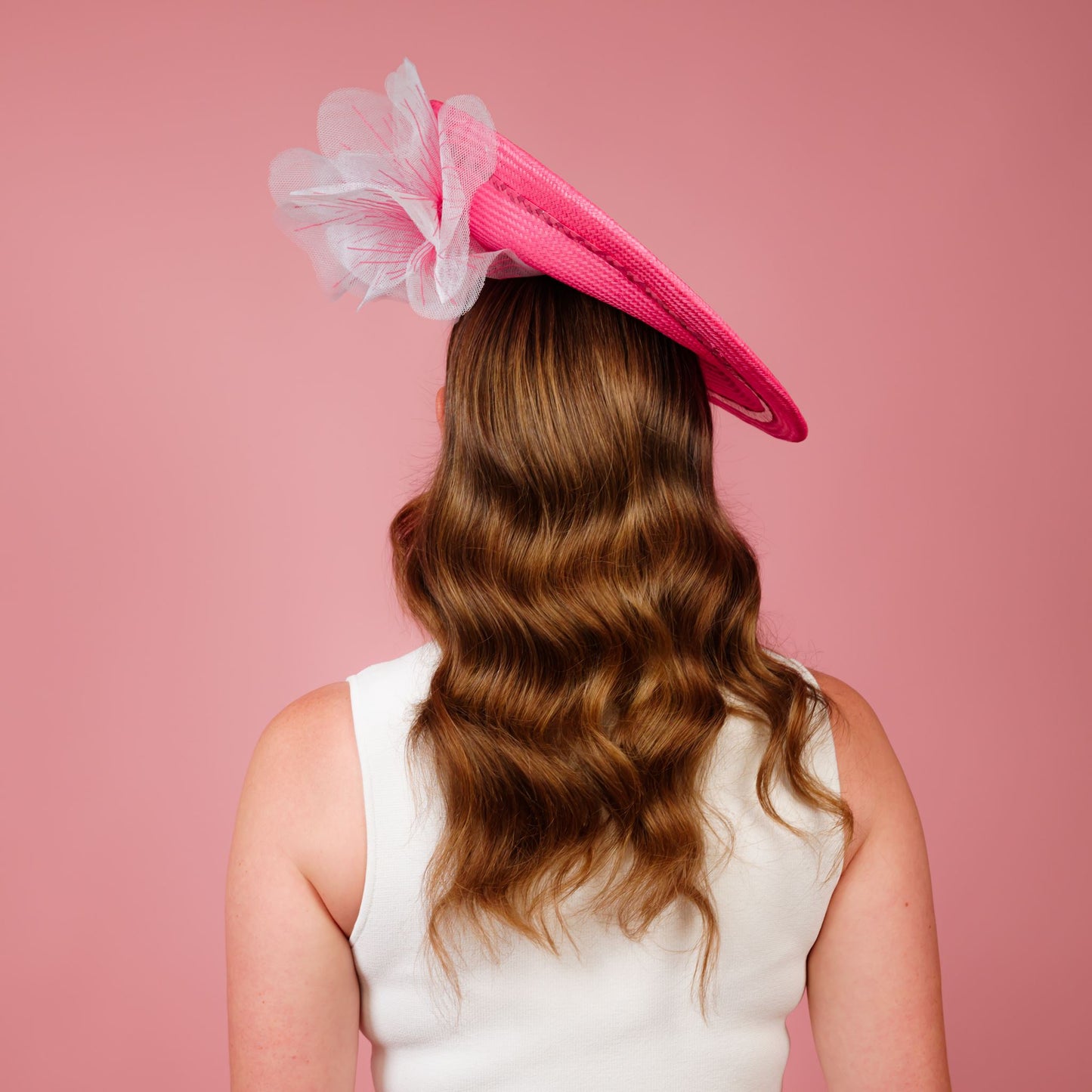 Monique Saucer in Textured Straw Poppy Flower Trim in Candy Pink and White