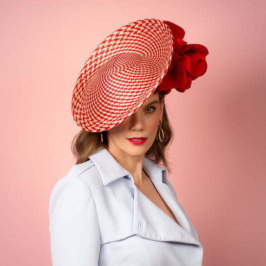 Monique Saucer in Textured Straw Silk Poppy Flower Trim in Red and White Spring Racewear Headpiece