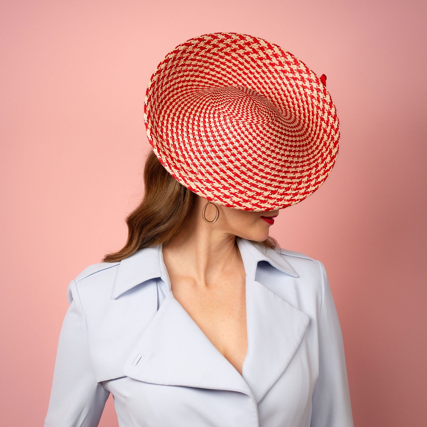 Monique Saucer in Textured Straw Silk Poppy Flower Trim in Red and White Spring Racewear Headpiece