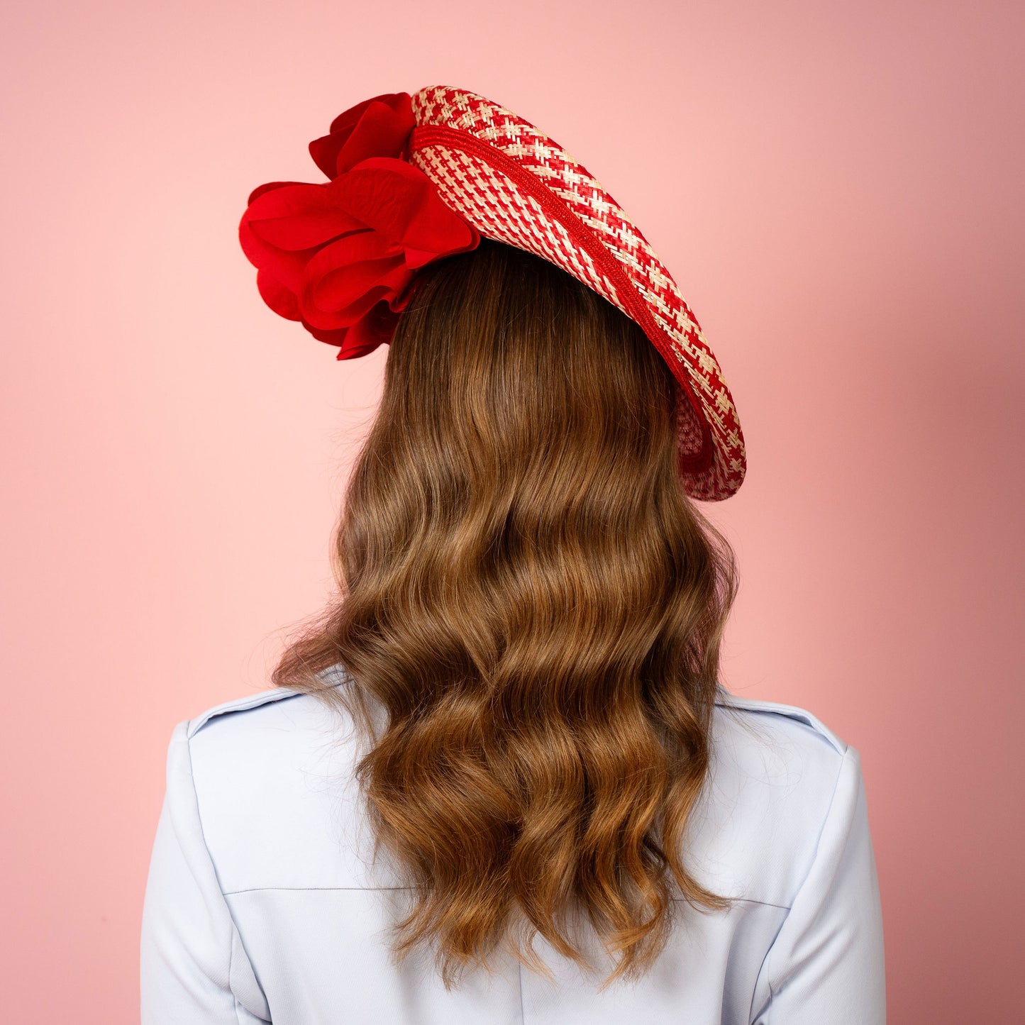 Monique Saucer in Textured Straw Silk Poppy Flower Trim in Red and White Spring Racewear Headpiece
