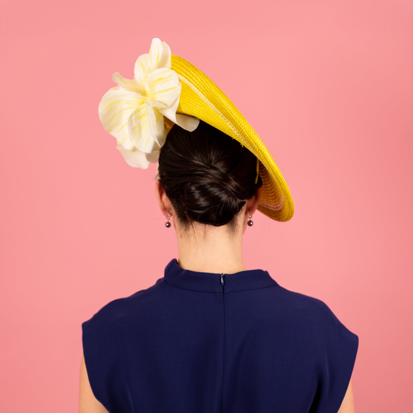 Monique Saucer in Textured Straw Silk Poppy Flower Trim in Yellow