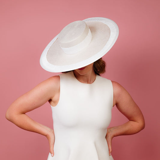 Nimbus large straw boater hat with tassel trim edge and band in white