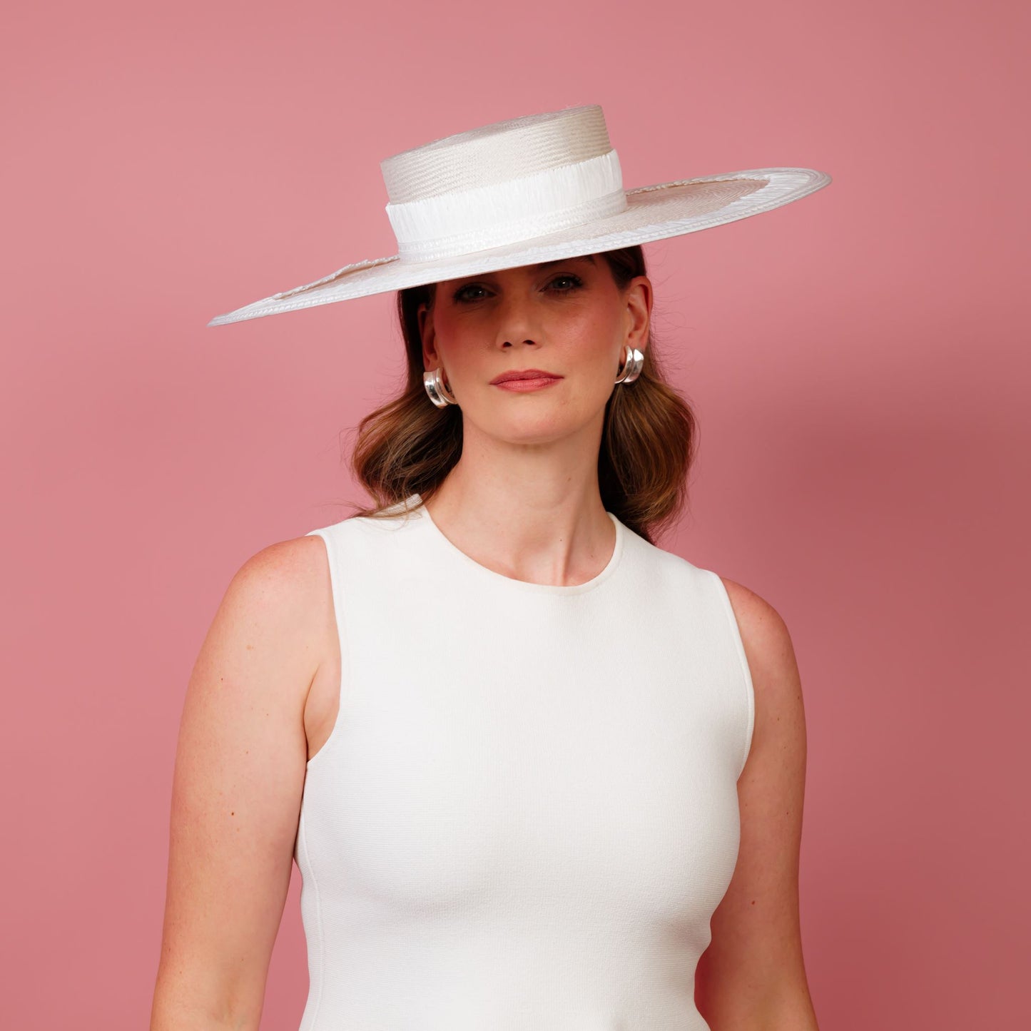 Nimbus large straw boater hat with tassel trim edge and band in white