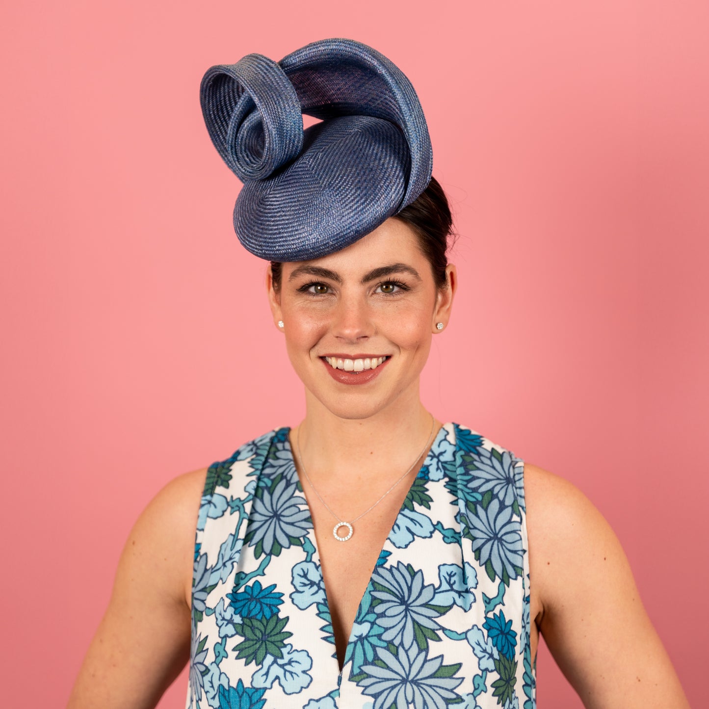 Odessa button with Draped Straw Trim in Blue