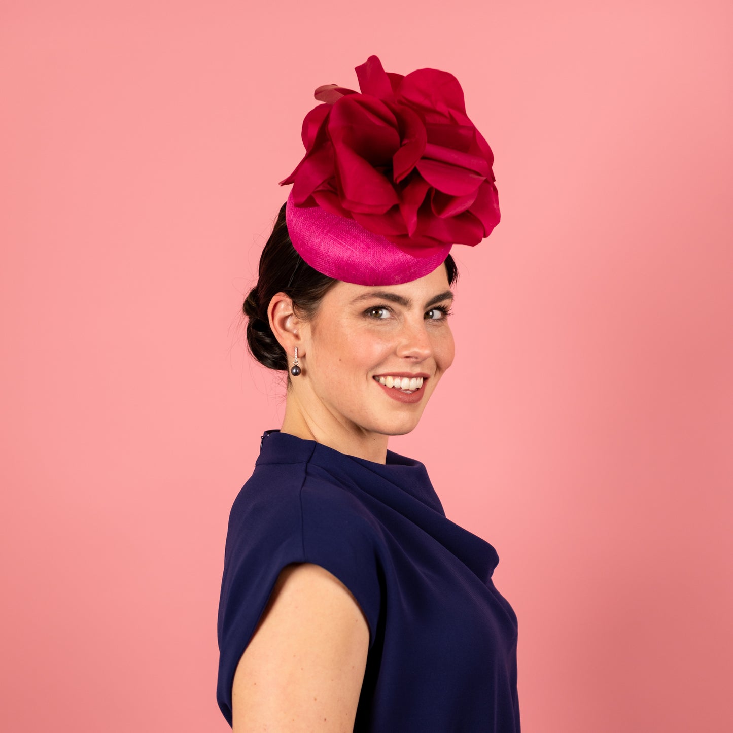 Penelope Button Beret in Straw with Silk Poppy Flowers in Magenta Pink