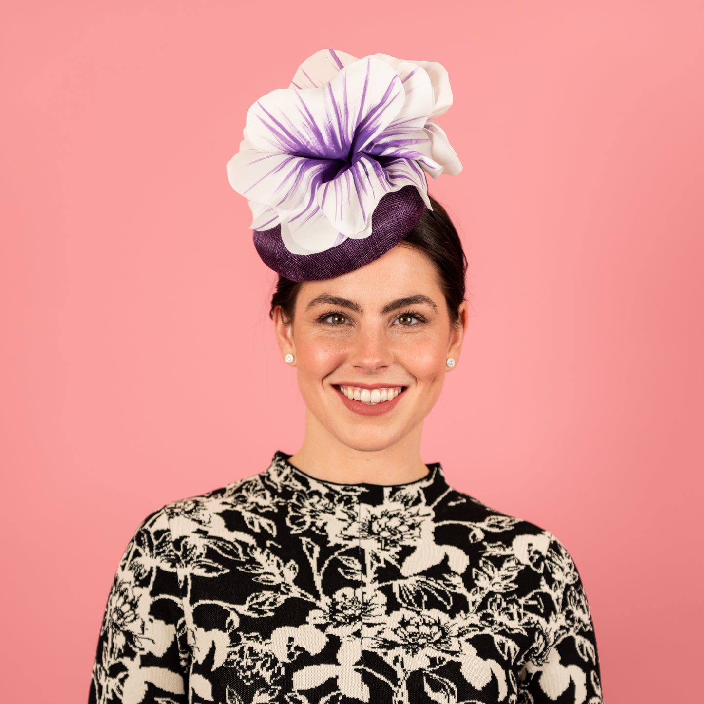 Penelope Button Beret in Straw with Silk Poppy Flowers in Purple
