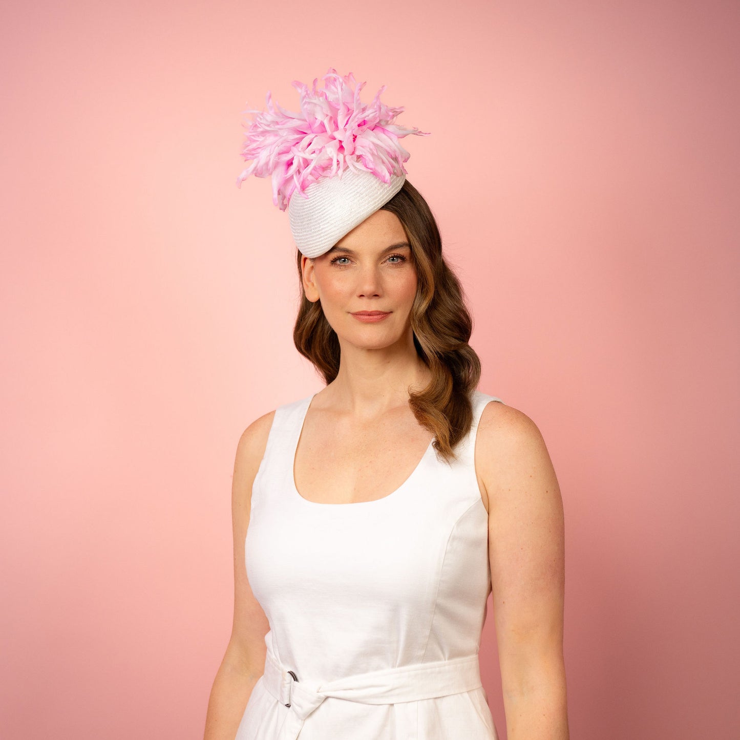 Polina Straw Beret with Silk Flowers in White and Pink Spring Racing Headpiece