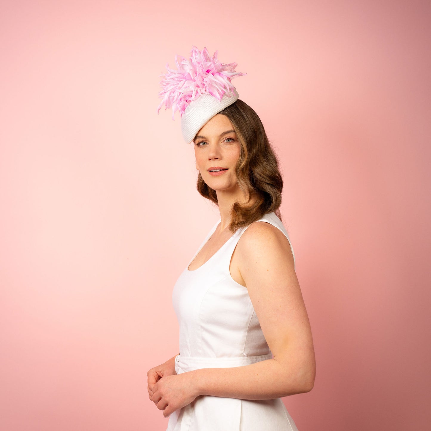 Polina Straw Beret with Silk Flowers in White and Pink Spring Racing Headpiece