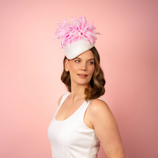 Polina Straw Beret with Silk Flowers in White and Pink Spring Racing Headpiece