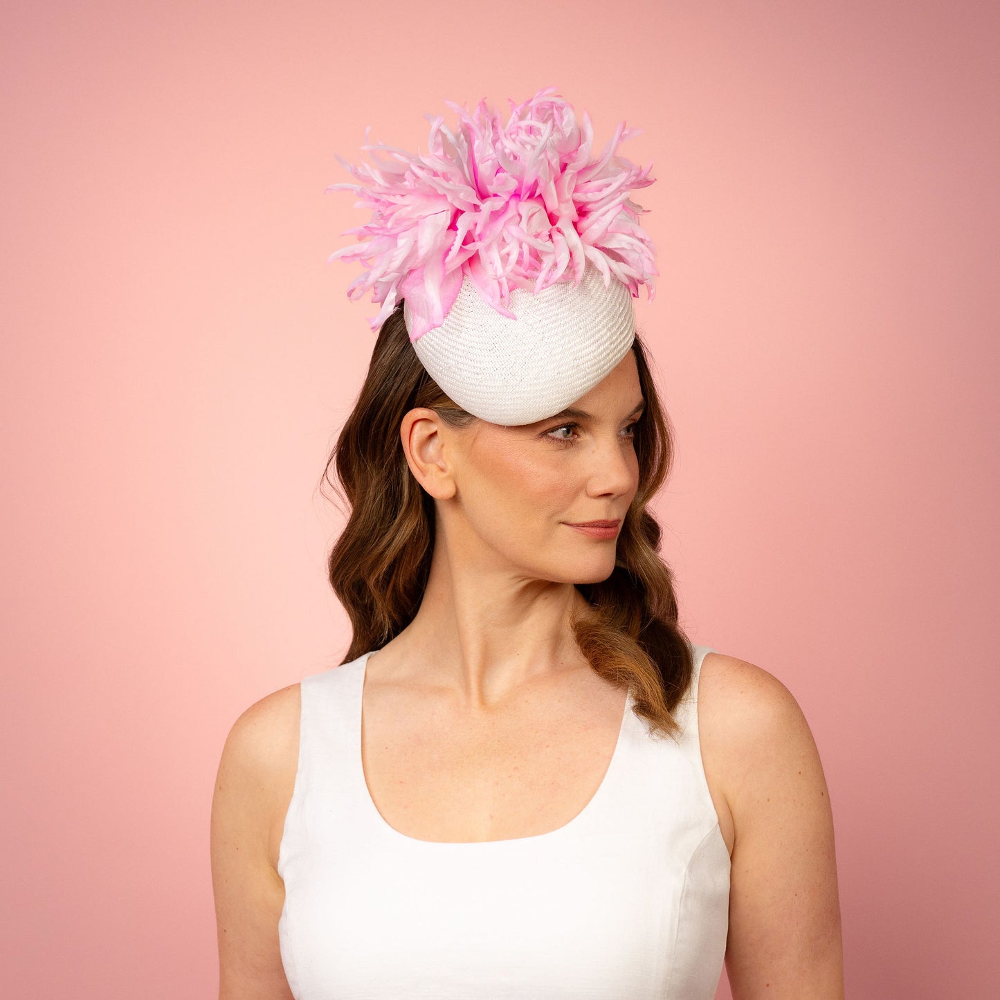 Polina Straw Beret with Silk Flowers in White and Pink Spring Racing Headpiece