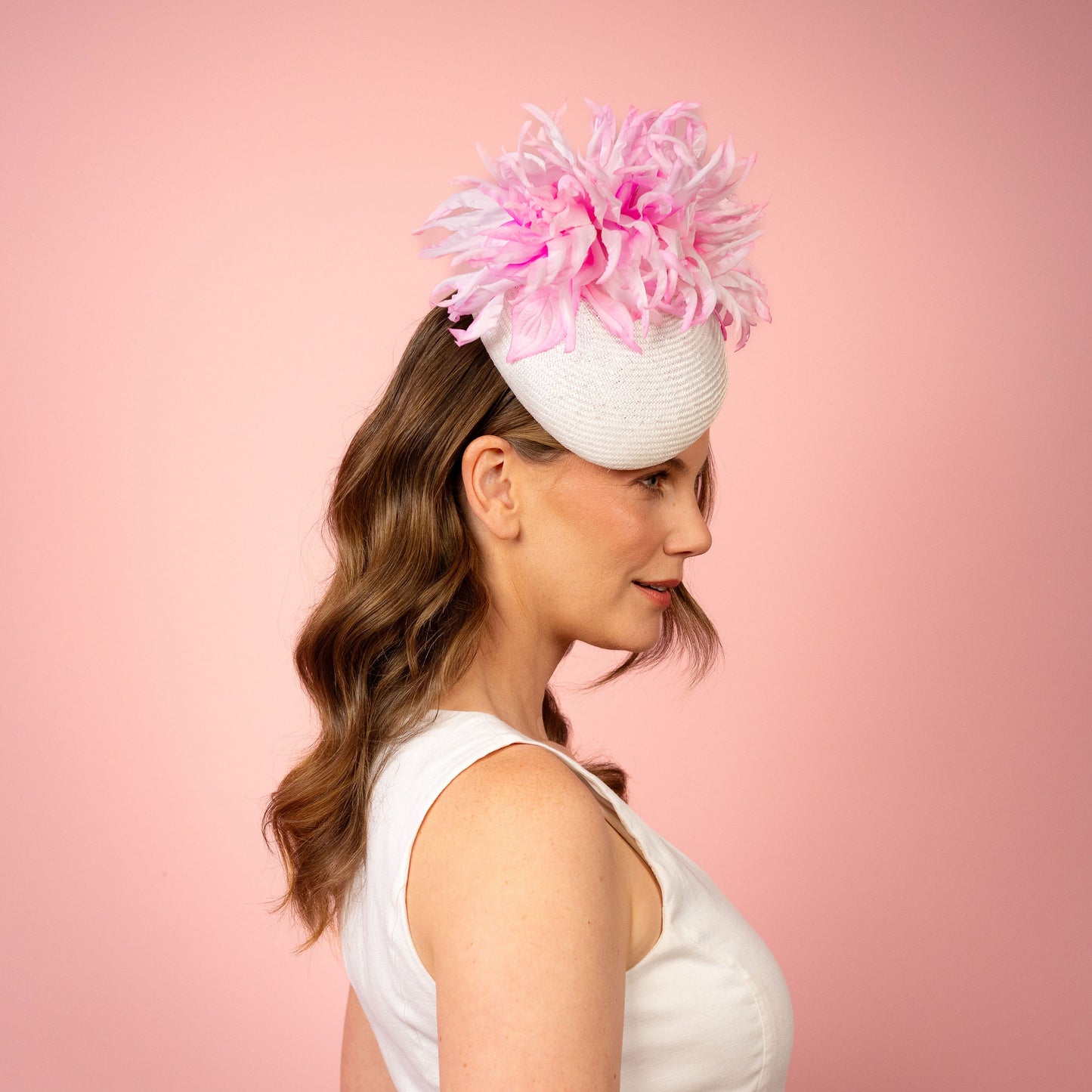Polina Straw Beret with Silk Flowers in White and Pink Spring Racing Headpiece