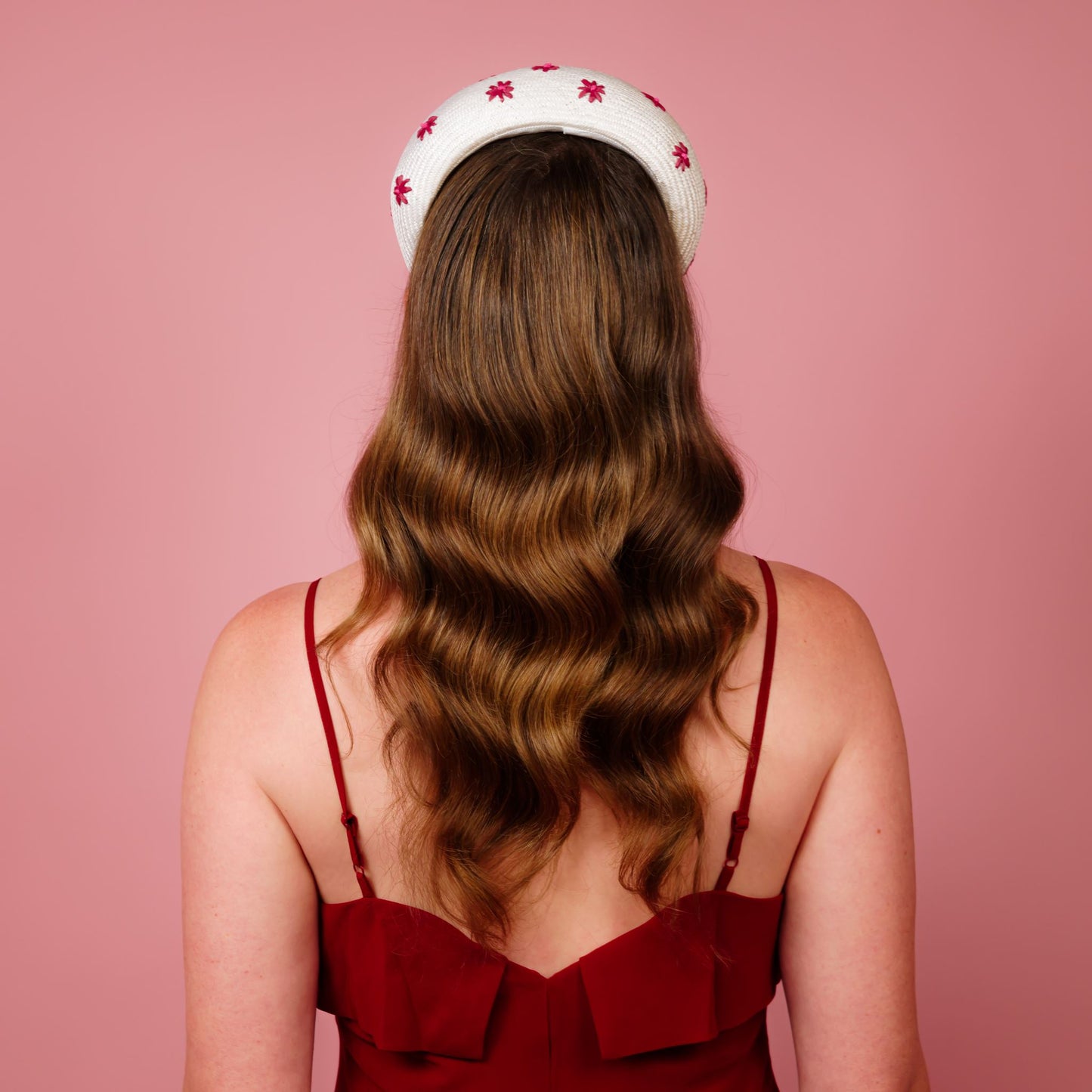 Stella headband in ivory with pink embroidered daisy