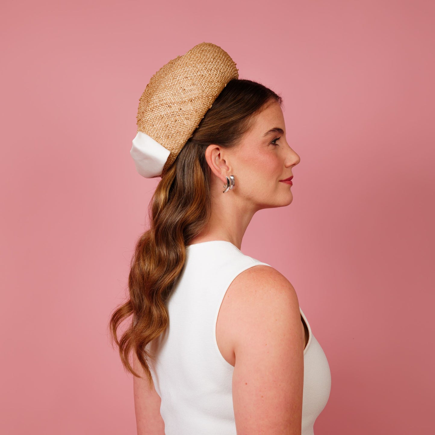 Taylor Pillbox in natural knotted straw with white silk bow