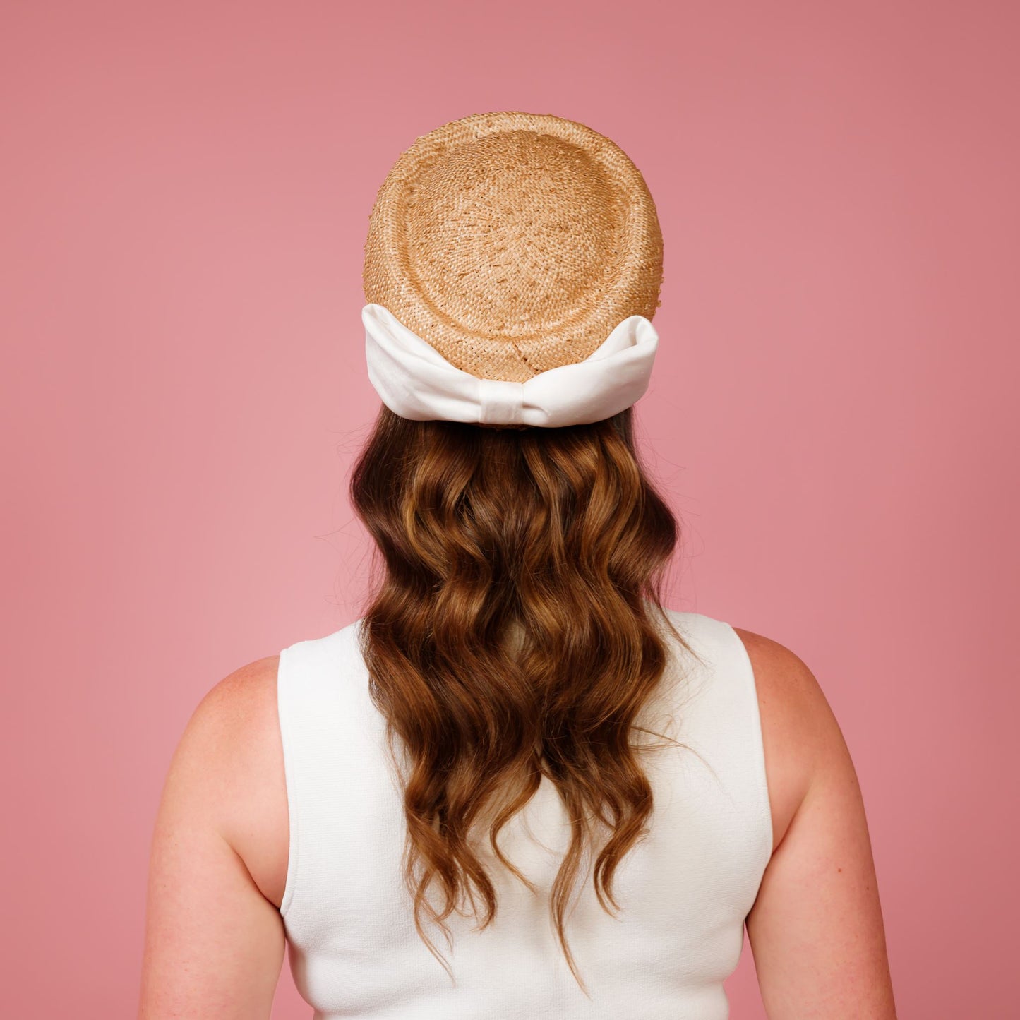 Taylor Pillbox in natural knotted straw with white silk bow