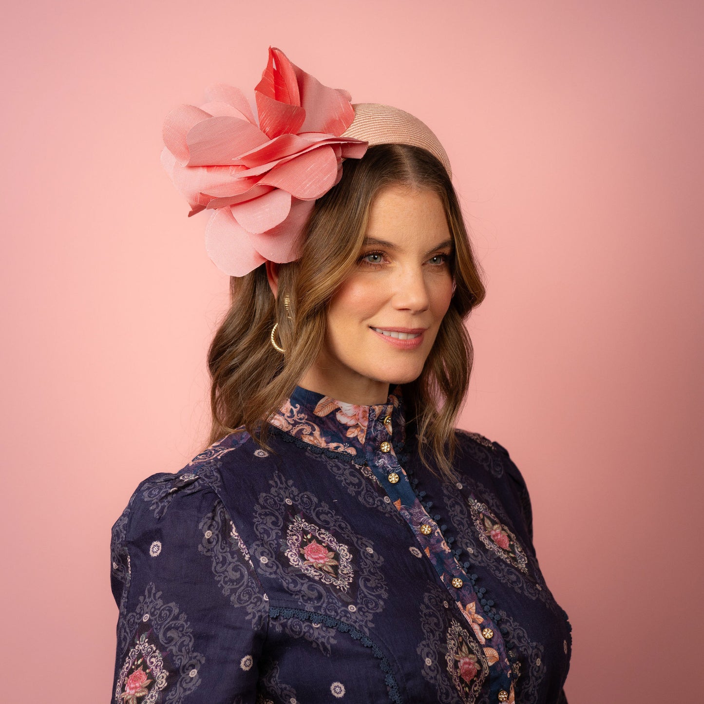 Victoria Headband with Silk Poppy Flowers in Pink Spring Racing Headpiece