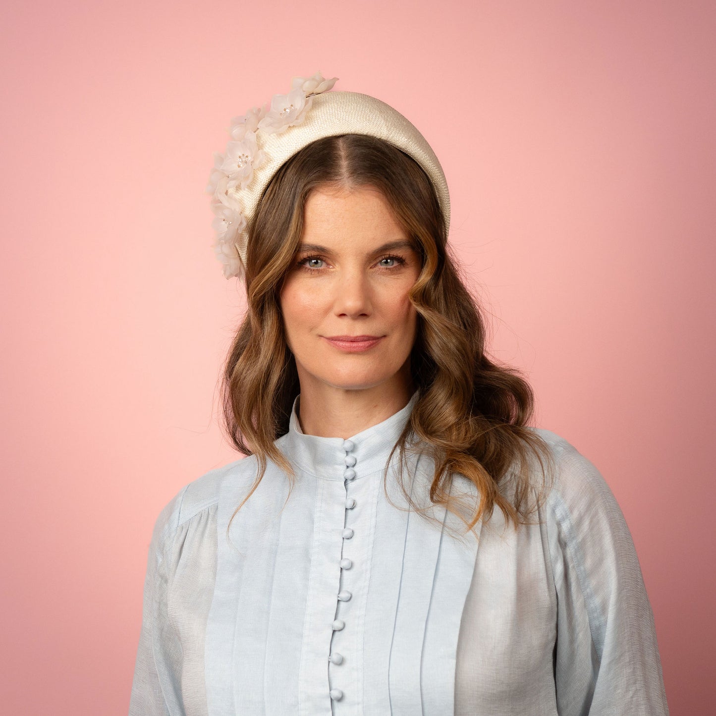 Violet flat band in cream straw with beaded flowers Spring Racing Headpiece