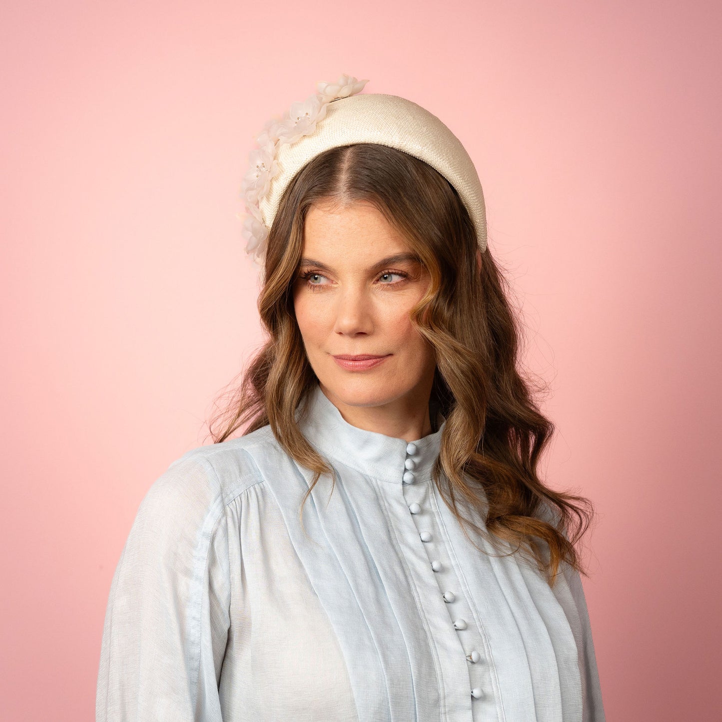 Violet flat band in cream straw with beaded flowers Spring Racing Headpiece