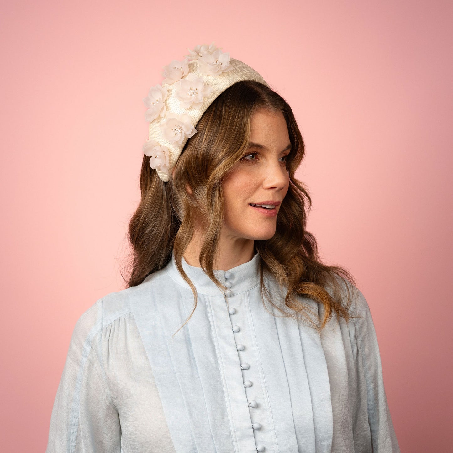 Violet flat band in cream straw with beaded flowers Spring Racing Headpiece