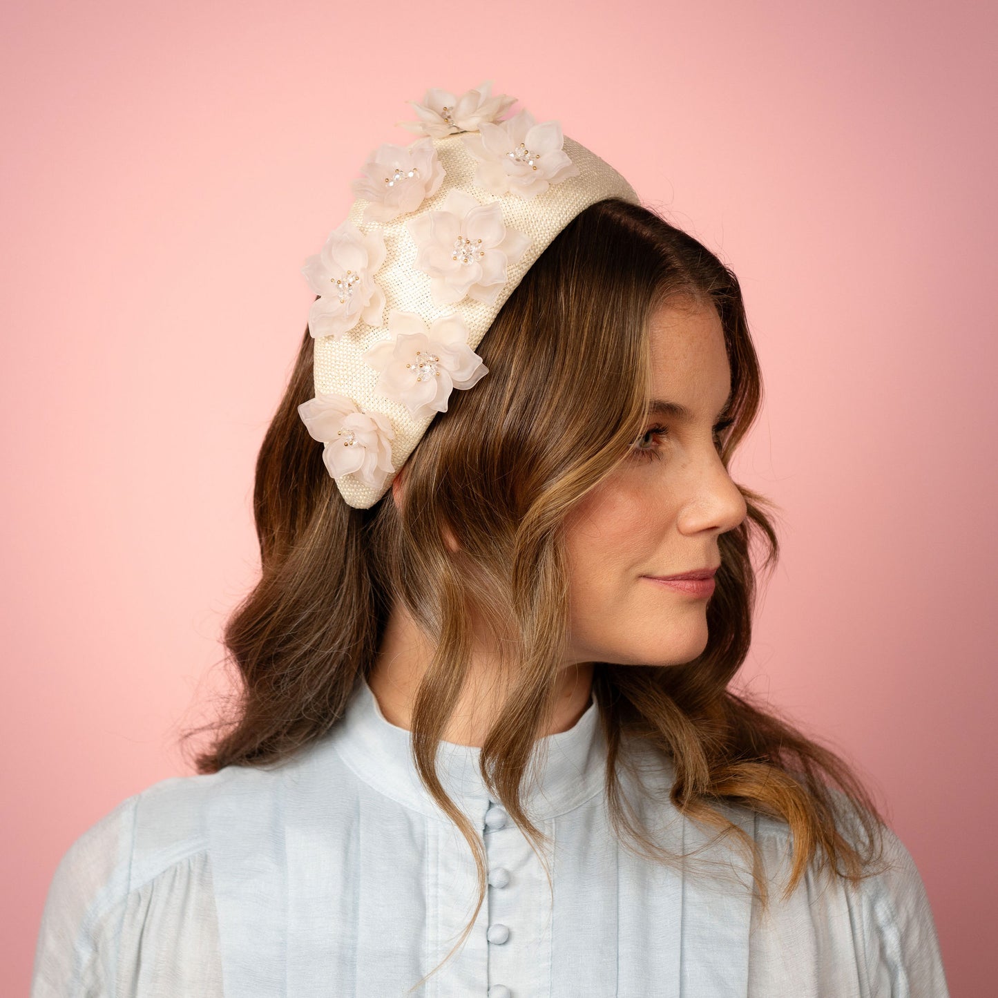 Violet flat band in cream straw with beaded flowers Spring Racing Headpiece