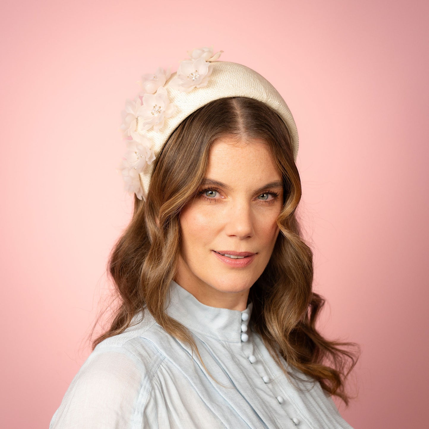 Violet flat band in cream straw with beaded flowers Spring Racing Headpiece