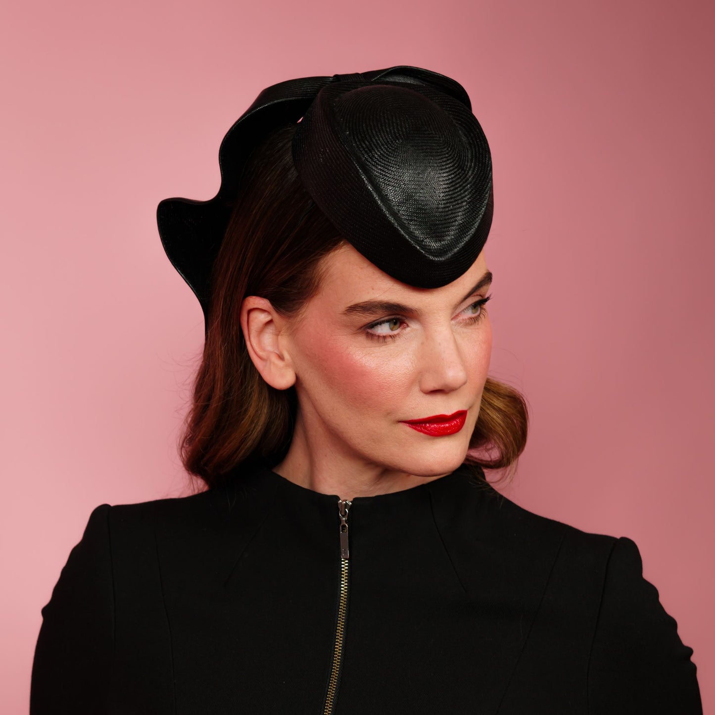 Zenith percher shaped straw headpiece with sculpted tails in black