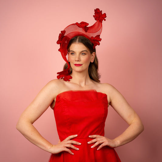 Zoya shaped crinoline shape with lace in red Spring Racewear Headpiece