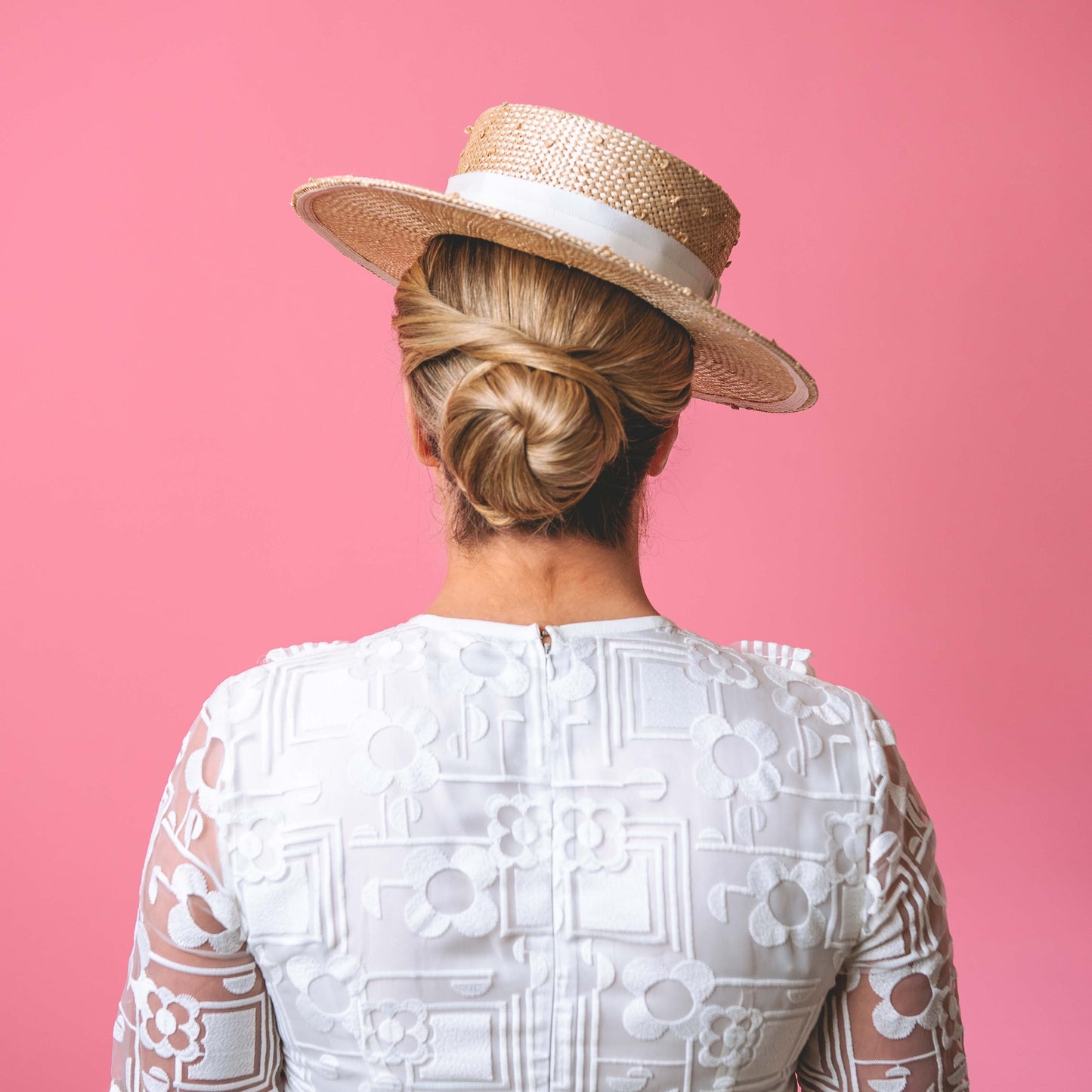 Alexandra Knotted Straw Boater in Cream with white band