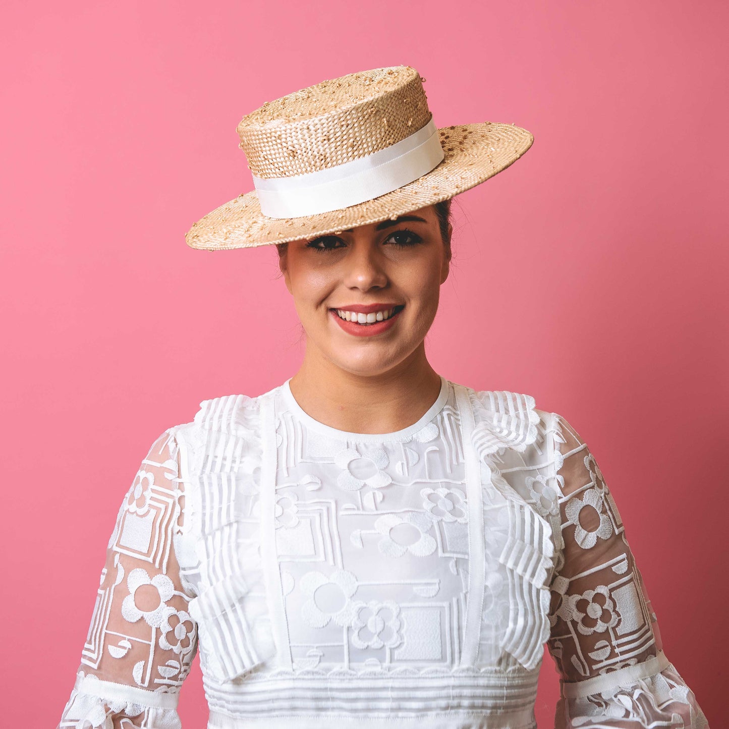 Alexandra Knotted Straw Boater in Cream with white band