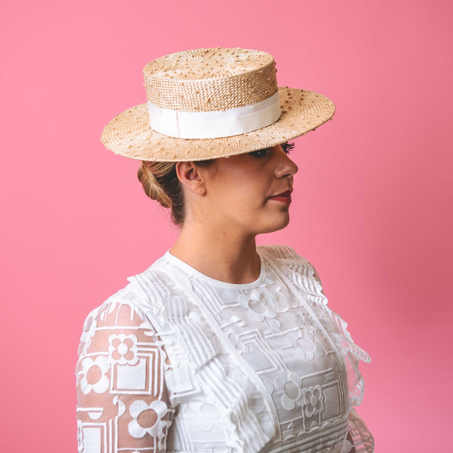 Alexandra Knotted Straw Boater in Cream with white band