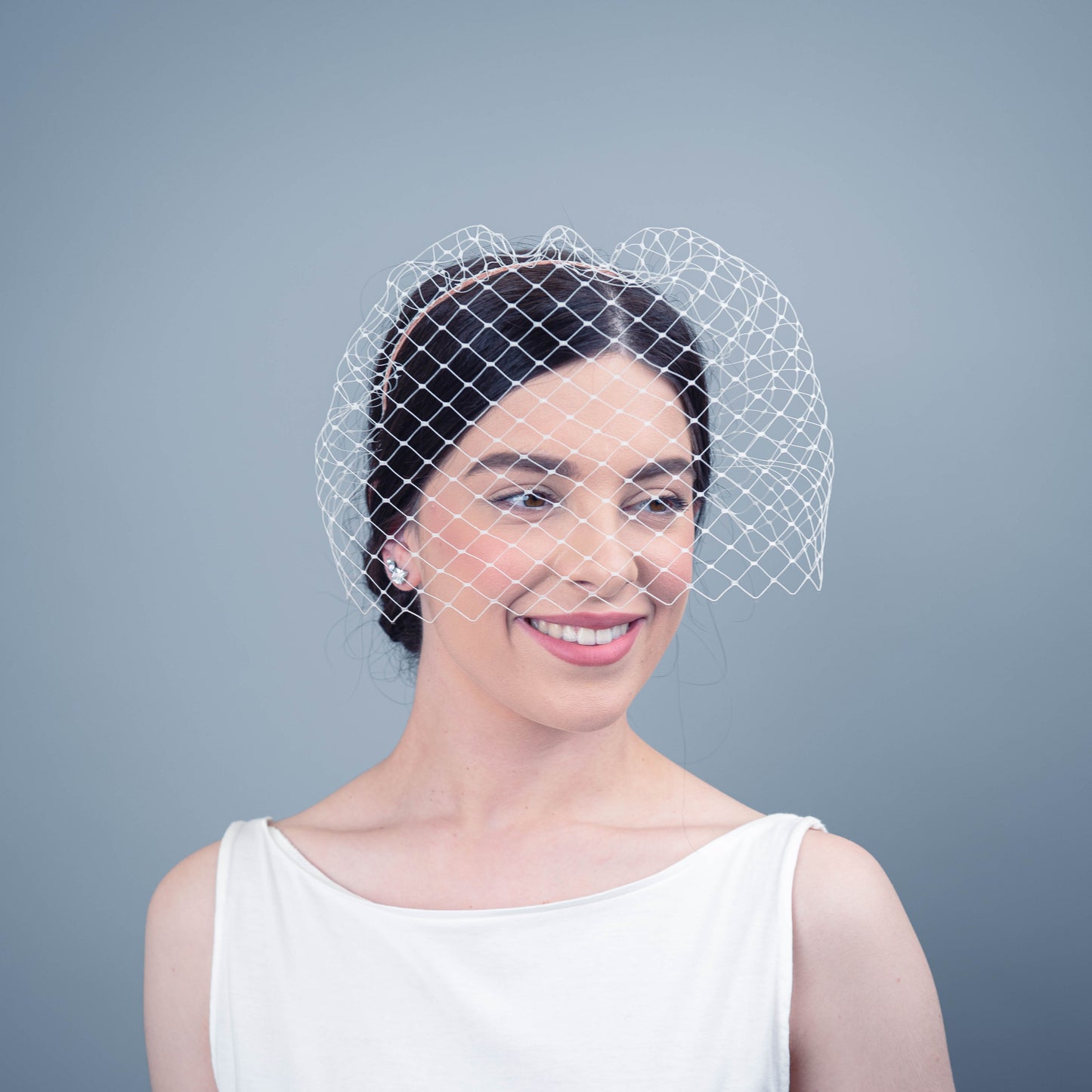 All of Me bridal birdcage veil on headband in ivory veiling