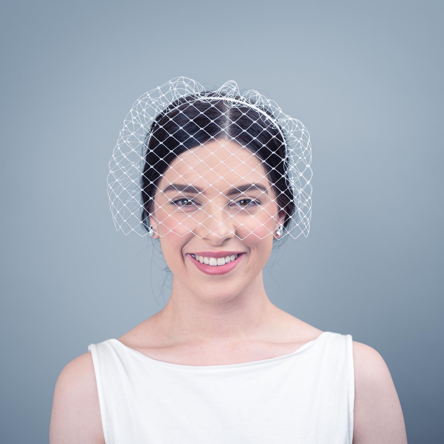 All of Me bridal birdcage veil on headband in white veiling