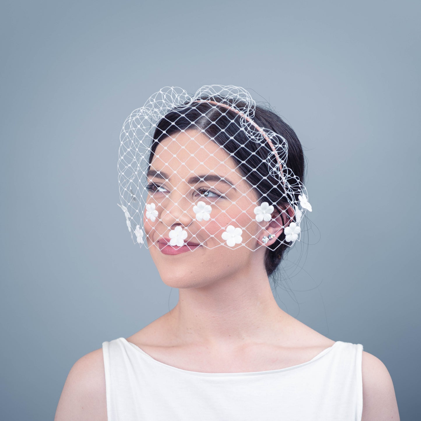 All of Me bridal birdcage veil on headband with silk flowers