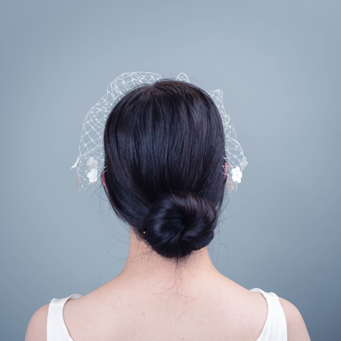 All of Me bridal birdcage veil on headband with silk flowers