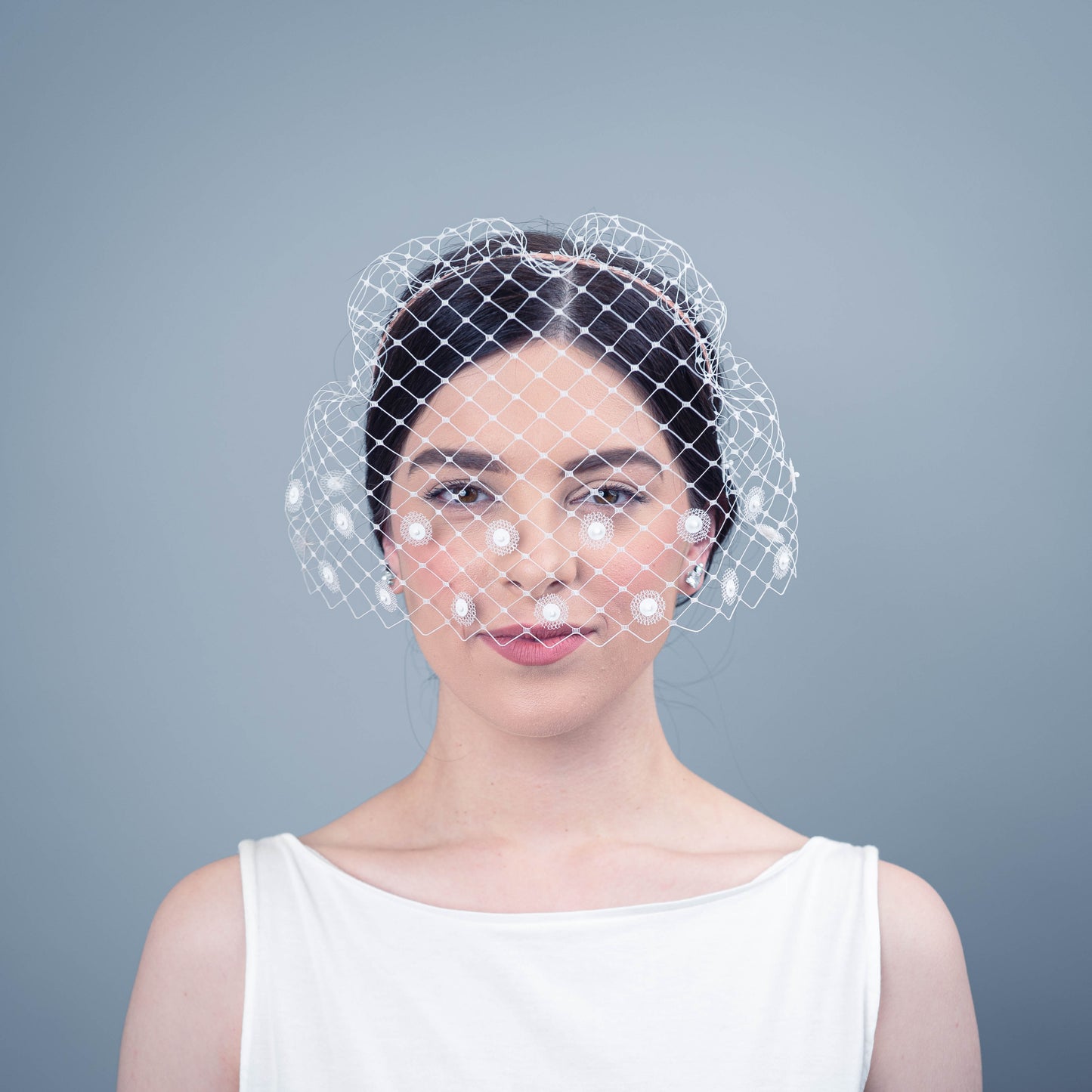 All of Me bridal birdcage veil on headband with white sequin polka dots