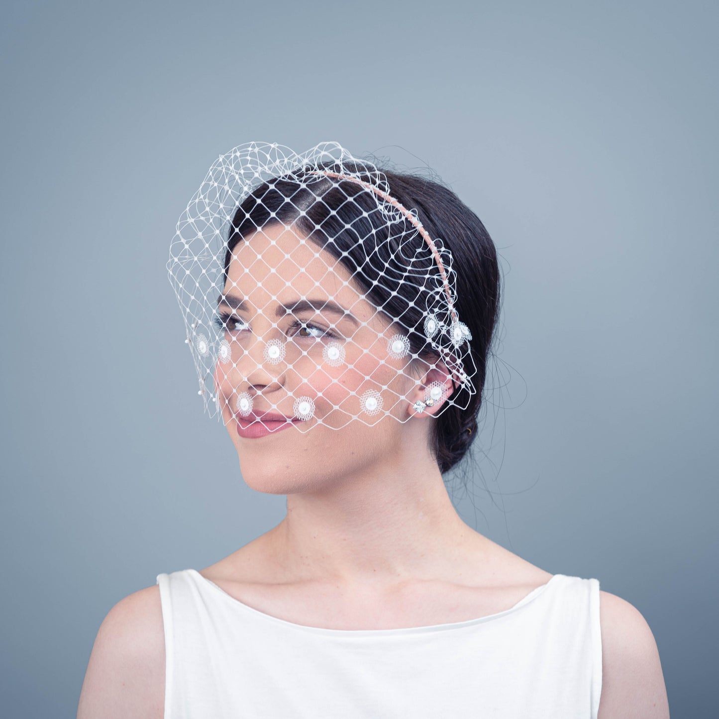 All of Me bridal birdcage veil on headband with white sequin polka dots